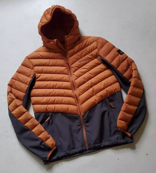 Gandys Explorer Puffer Jacket Coat Mens M Womens L Orange Grey Hooded Quilted