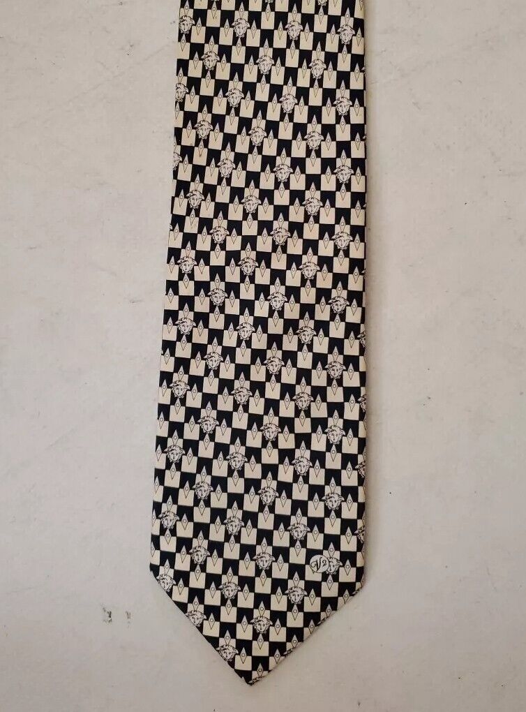 Vintage Versace Tie Medusa Navy Cream Pure Silk Italy Original 1990's
