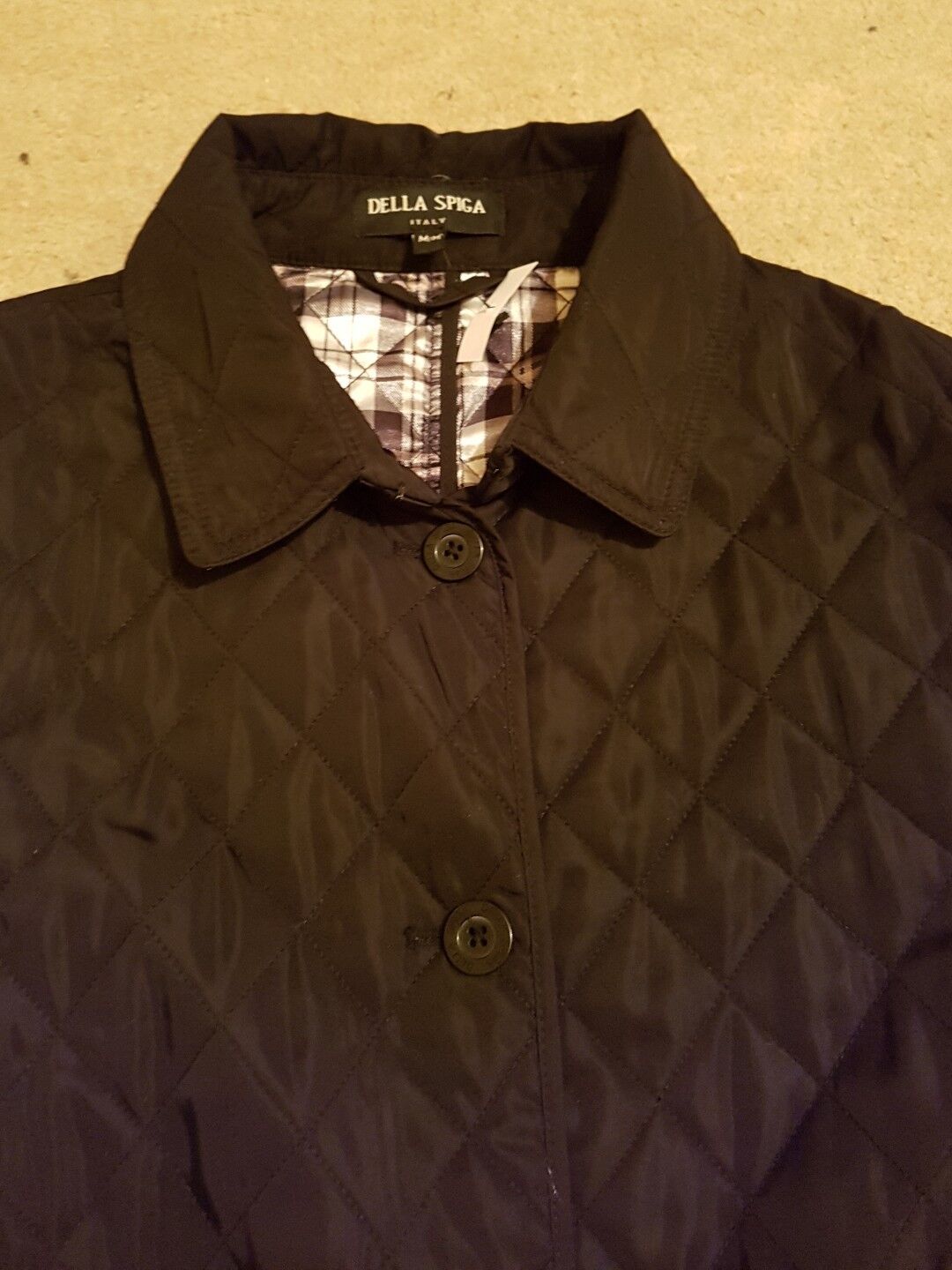 Della Spiga Jacket Coat Womens M Black Diamond Quilted Checked Lining