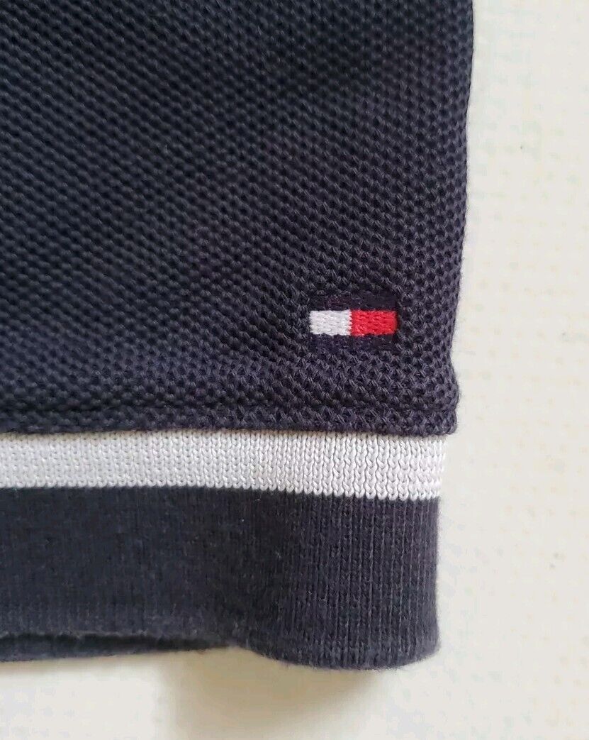 Vintage TOMMY HILFIGER Polo Shirt Mens L Casual Fit Navy Blue Signature Logo 90s