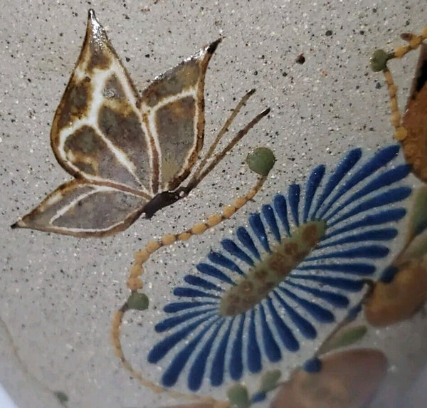 Tecpatl Vase Stoneware Mexico Signed Vintage 1980's Butterfly 5 Inch
