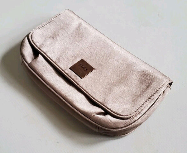 HUGO BOSS Clutch Purse Makeup Case Bag Satin Gold - Never Used