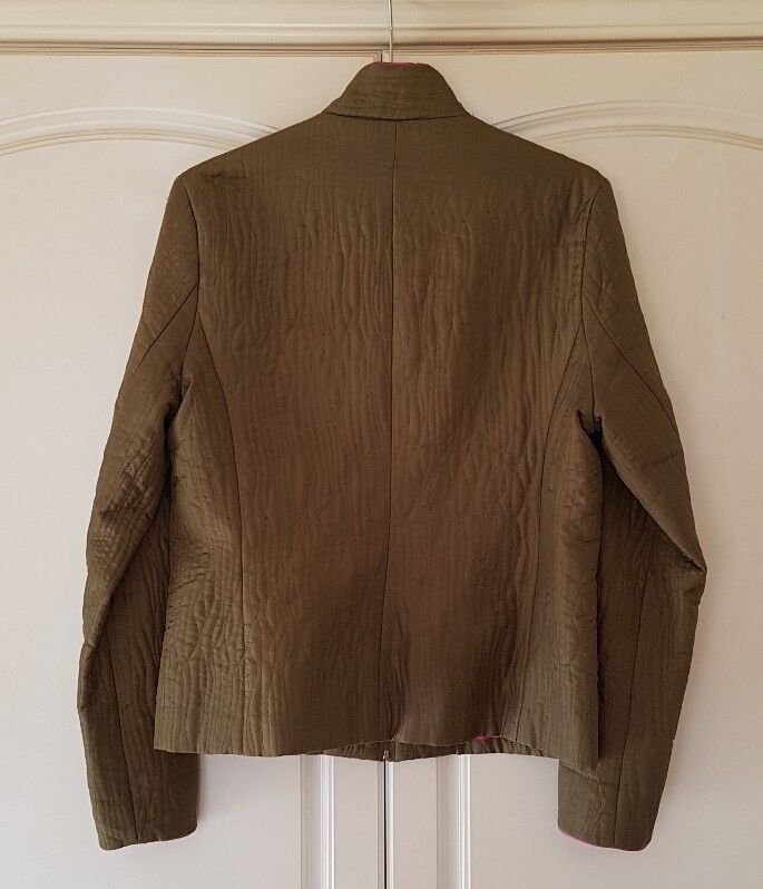 Silkland Coat Jacket Womens M Pure Silk Quilted Olive Green Trim In Pink