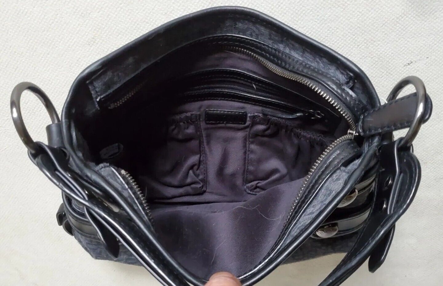 DKNY Handbag Jacquard Grey Black Leather Trim