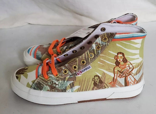 SUPERGA Hi Top Trainers Canvas Womens Uk 5.5 Eu 39 Hawaii Green Orange Rrp £140