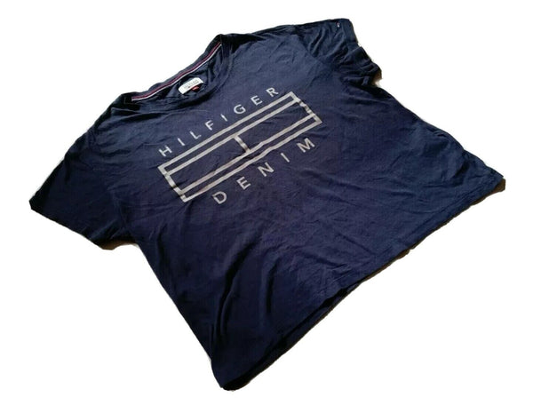 Vintage Y2K Tommy Hilfiger Cropped T Shirt Womens S Big Flag Navy Cotton Blend