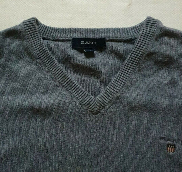 GANT Jumper Sweater Mens S Reg Fit Charcoal Grey Cotton V Neck