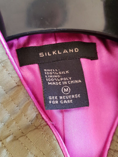 Silkland Coat Jacket Womens M Pure Silk Quilted Olive Green Trim In Pink