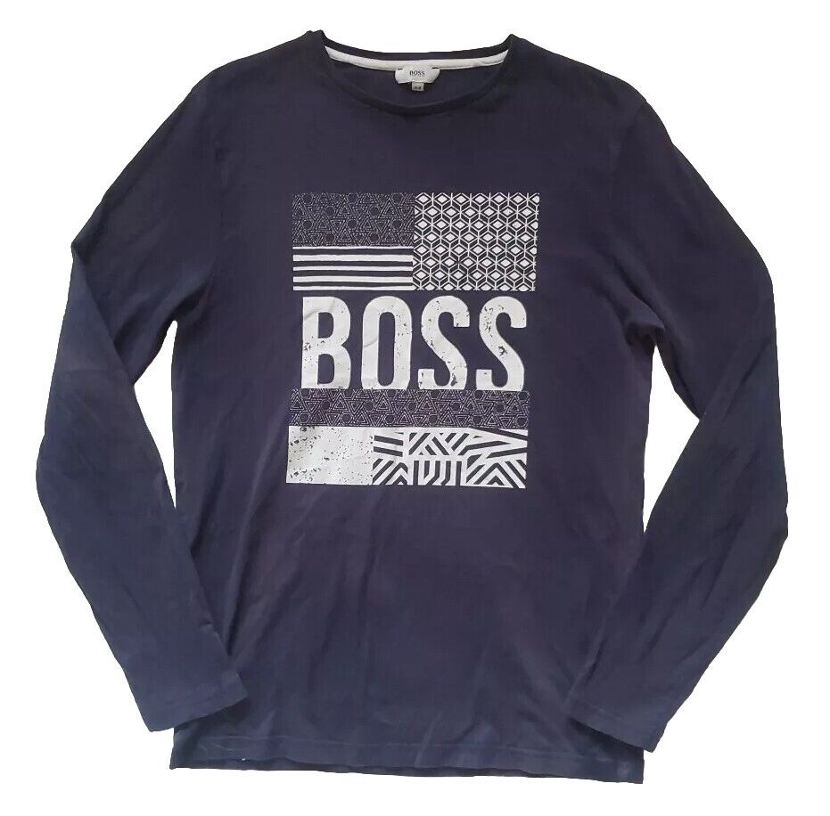 HUGO BOSS Boys Tshirt T Shirt Long Sleeve Age 16 Navy Blue Big Logo