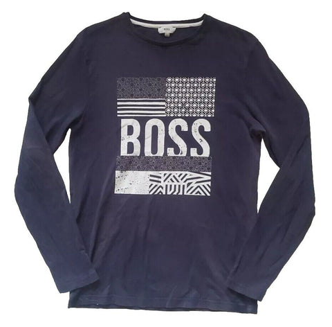 HUGO BOSS Boys Tshirt T Shirt Long Sleeve Age 16 Navy Blue Big Logo