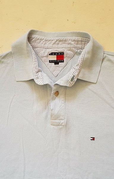 TOMMY HILFIGER Polo Shirt Mens L Pale Blue Cotton Regular Fit Flag Logo