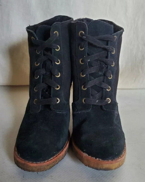 UGG Sofia Boots Heeled Laced Womens Uk 5.5 Black Suede Shearling Lining