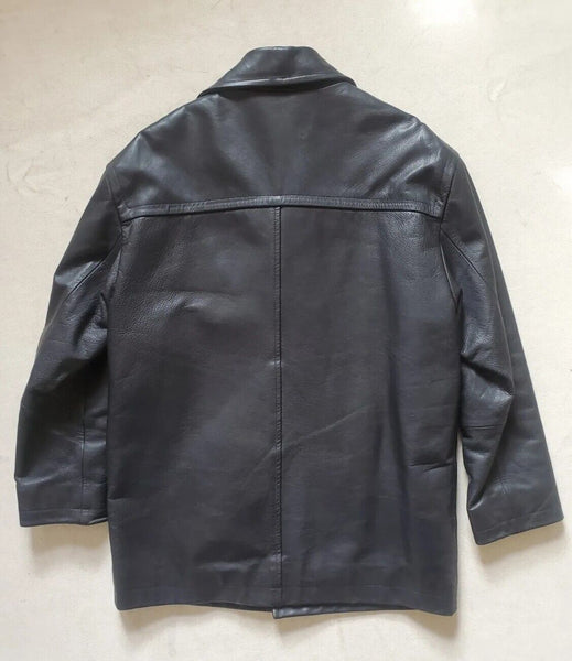RIVER ISLAND Leather Jacket Pea Coat Mens S Black Heavyweight