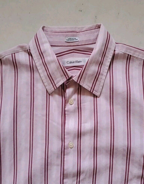 Vintage 80's CALVIN KLEIN Shirt Mens L Pink Striped Cotton Made In Hong Kong