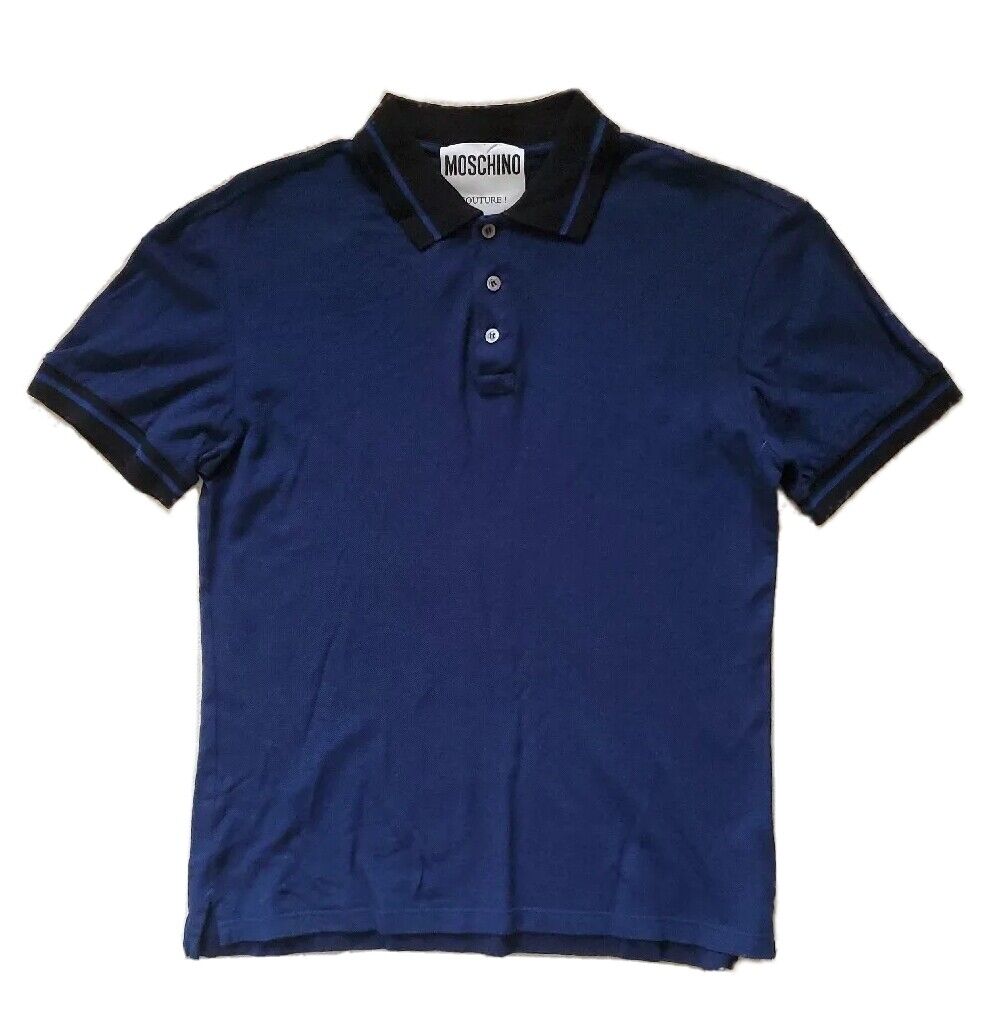MOSCHINO COUTURE Polo Shirt Mens 38 Regular Fit Navy Blue Question Mark Detail