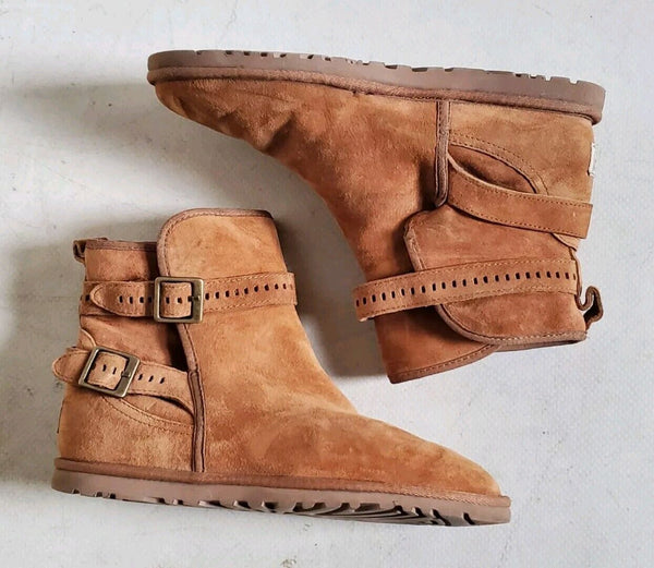 Ugg Biker Boots Womens UK 4 Eu 37 Tan Suede Buckle Closure and Detail
