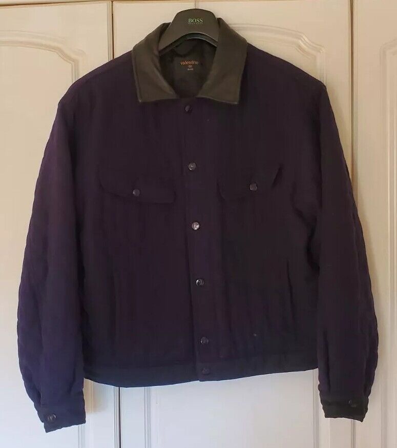 VALENTINO Bomber Jacket Mens L Quilted Wool Leather Collar Navy Blue Rrp £1250