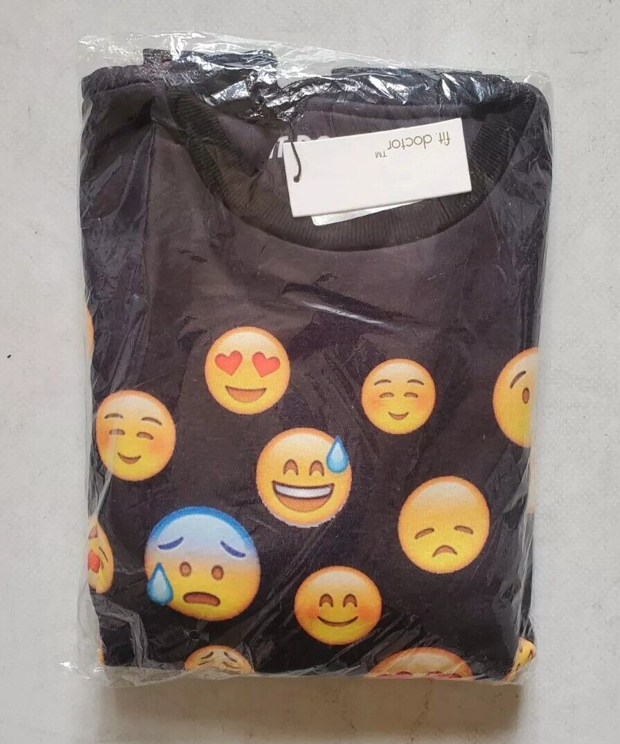 Emoji Sweatshirt Black with Emoticons Size XL Fleece Lined