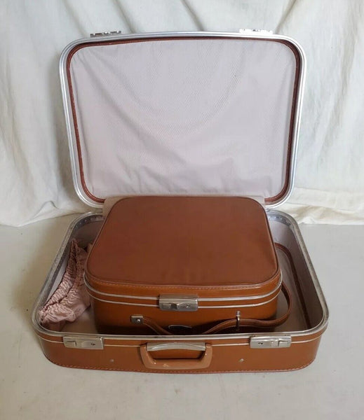 Vintage Antler Revelation Suitcase Set Med Case Xl Vanity Tan Leather Look 50's