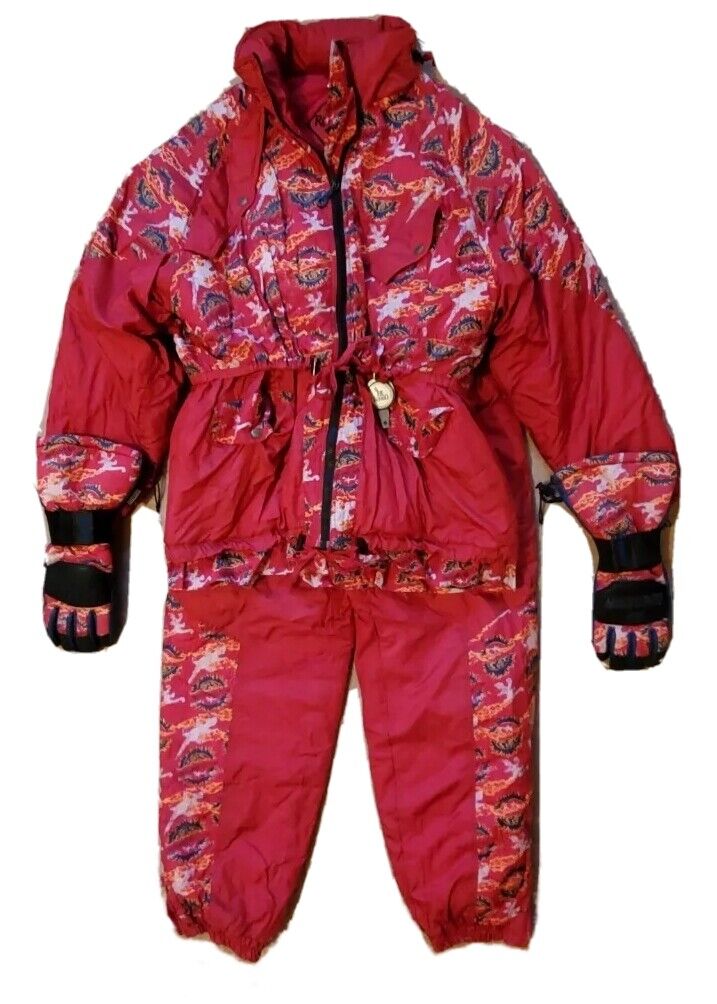 Vintage Rodeo Ski Suit Womens L Jacket Salopettes Gloves Pink Mint Condition