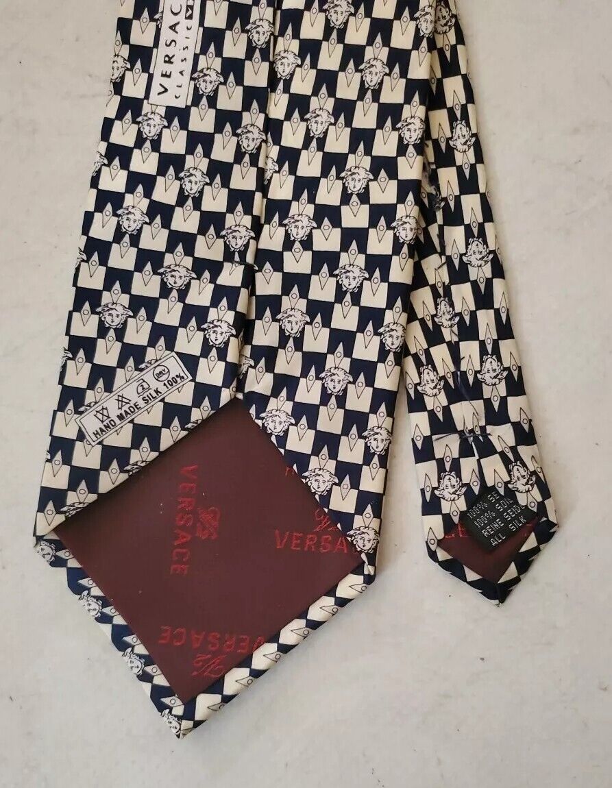 Vintage Versace Tie Medusa Navy Cream Pure Silk Italy Original 1990's