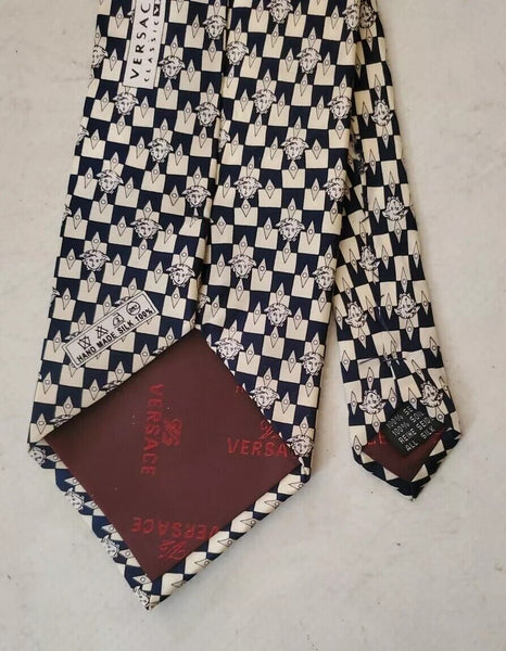 Vintage Versace Tie Medusa Navy Cream Pure Silk Italy Original 1990's