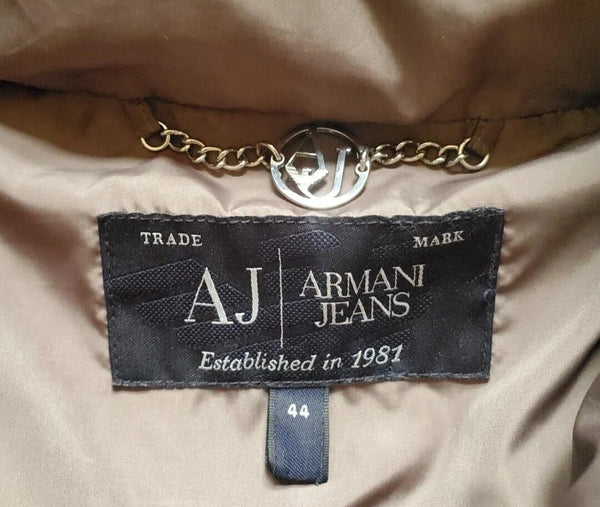 Armani Puffer Jacket Coat Womens UK 12 EU 44 Taupe Quilted Removable Hood
