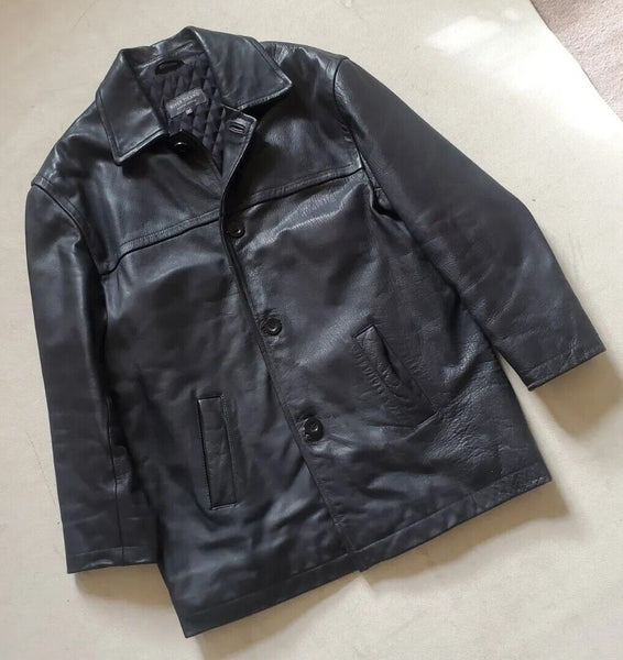 RIVER ISLAND Leather Jacket Pea Coat Mens S Black Heavyweight