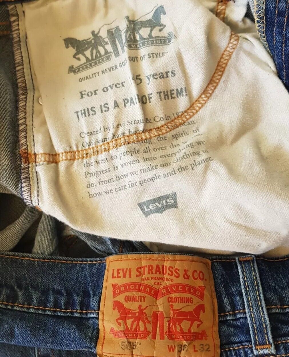LEVIS 505 Jeans Mens W 36 L 32 Vintage Blue Stretch Denim Red Tab Regular Fit
