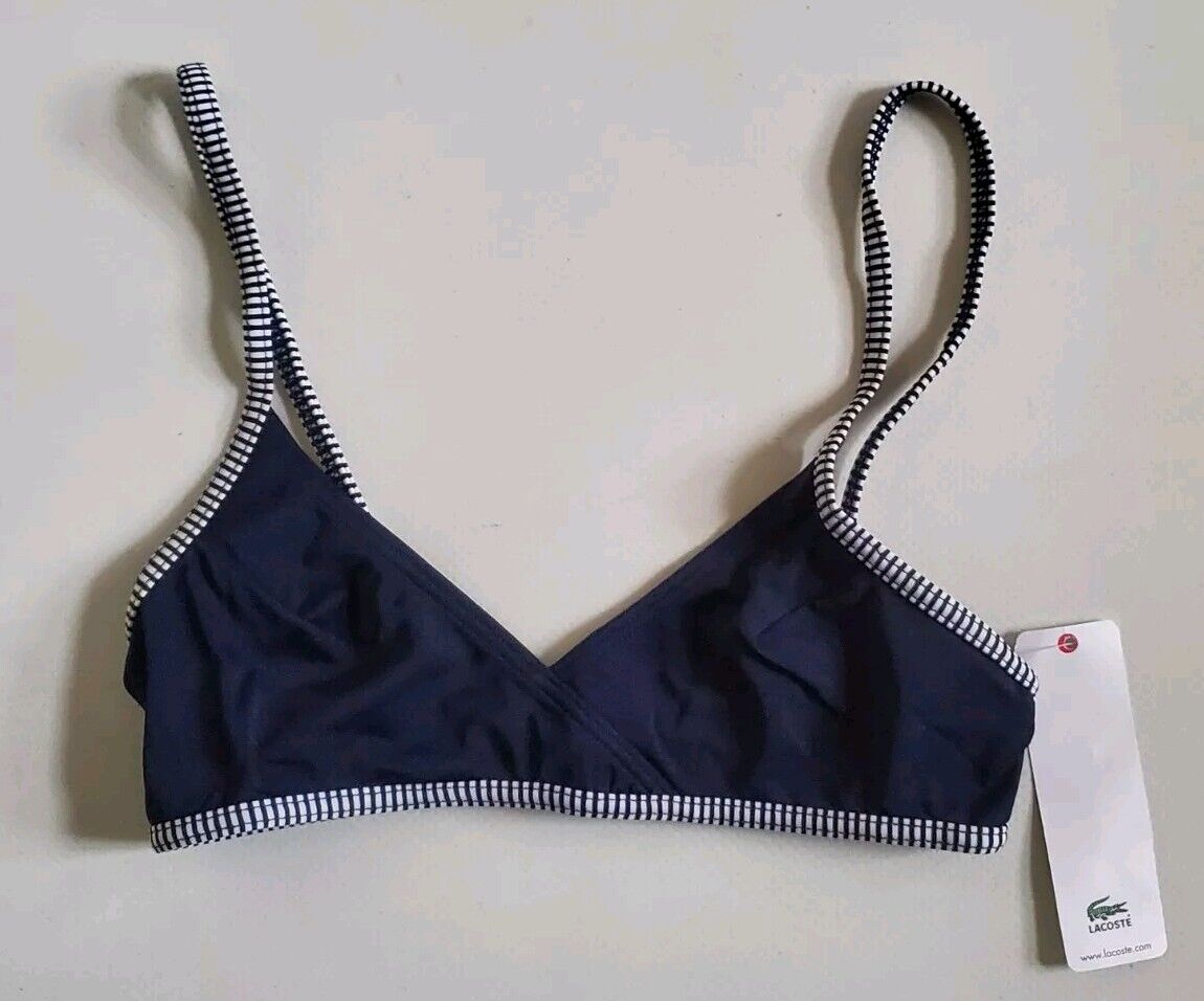LACOSTE Bikini Swimsuit Marino 2 Piece Size XS Navy Blue Stripe New With Pouch