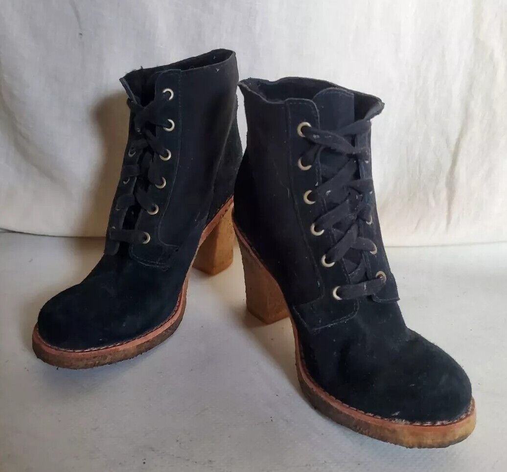 UGG Sofia Boots Heeled Laced Womens Uk 5.5 Black Suede Shearling Lining