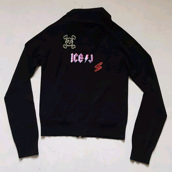 ICEBERG ICE-J Cropped Cardigan Sweater Full Zip Top Womens S Black Stretch