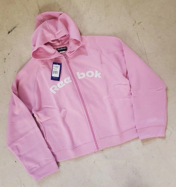 Reebok Full Zip Hoodie Jacket Womens UK 16 Pink Cropped Spellout Logo
