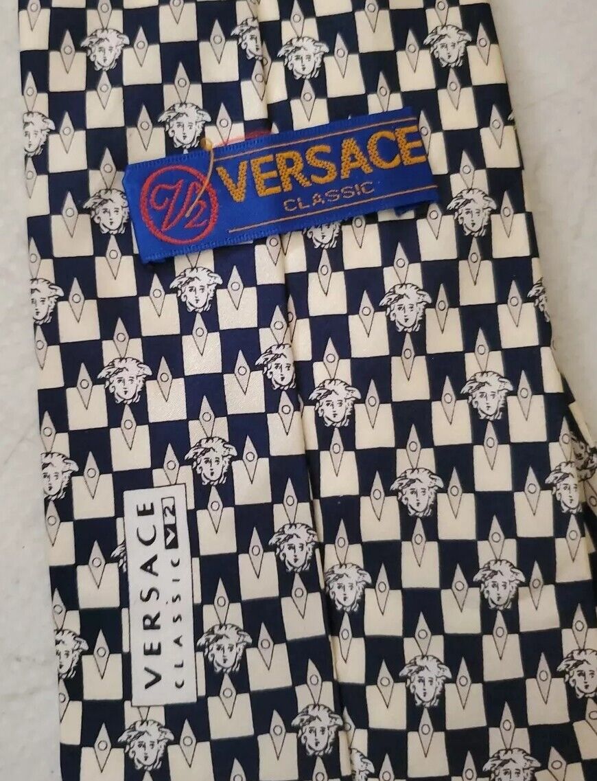 Vintage Versace Tie Medusa Navy Cream Pure Silk Italy Original 1990's