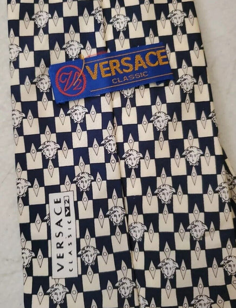 Vintage Versace Tie Medusa Navy Cream Pure Silk Italy Original 1990's