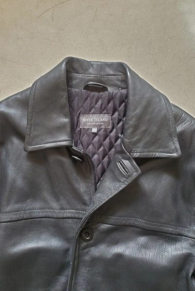 RIVER ISLAND Leather Jacket Pea Coat Mens S Black Heavyweight