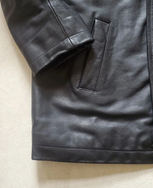 RIVER ISLAND Leather Jacket Pea Coat Mens S Black Heavyweight
