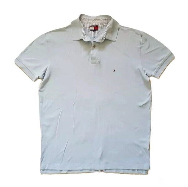TOMMY HILFIGER Polo Shirt Mens L Pale Blue Cotton Regular Fit Flag Logo