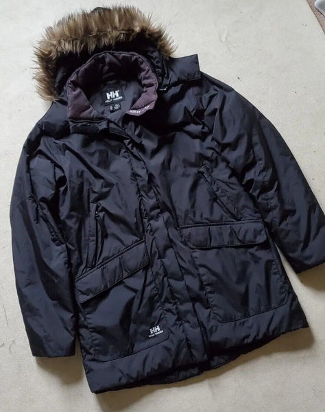 Helly Hansen Parka Puffer Jacket Coat Womens M Black Faux Fur Trimmed Hood