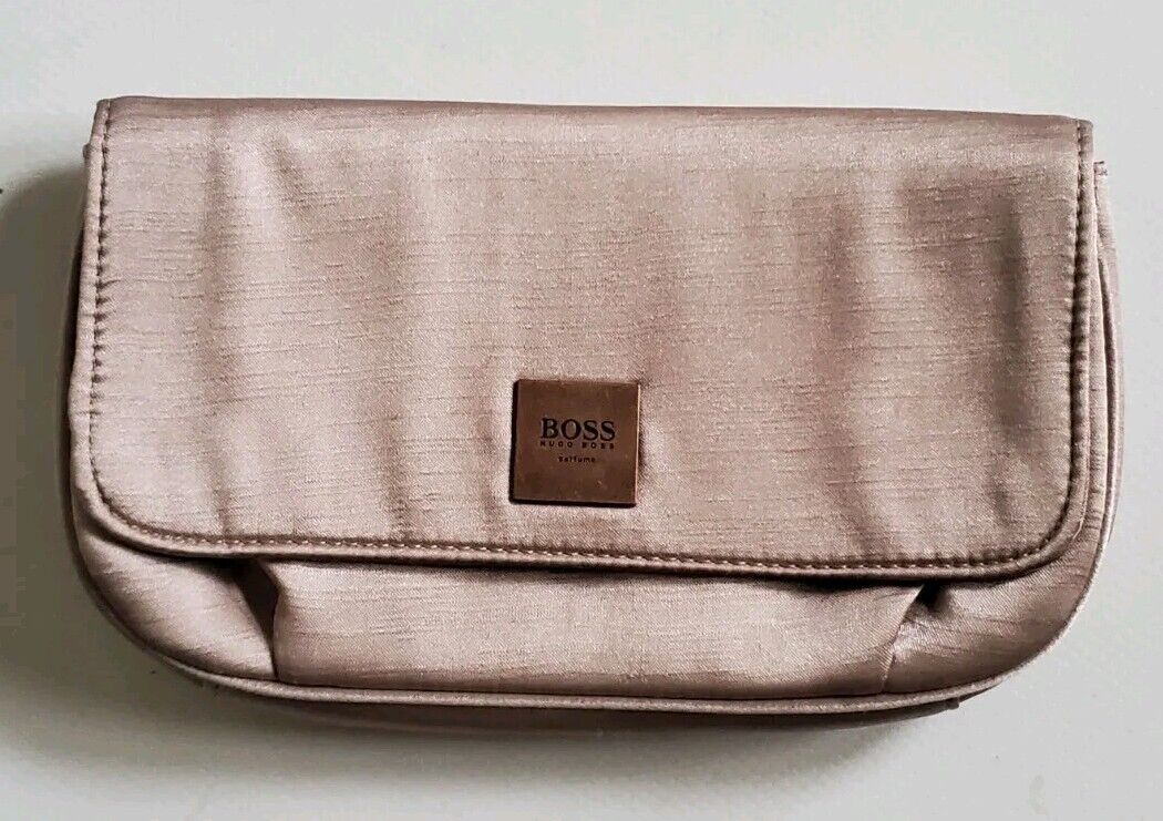 HUGO BOSS Clutch Purse Makeup Case Bag Satin Gold - Never Used