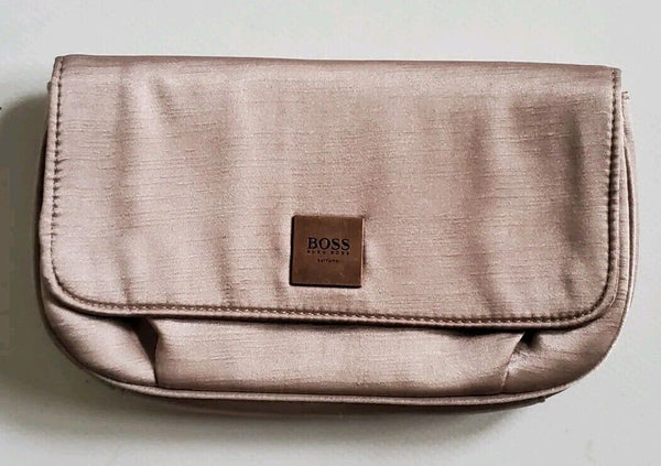 HUGO BOSS Clutch Purse Makeup Case Bag Satin Gold - Never Used