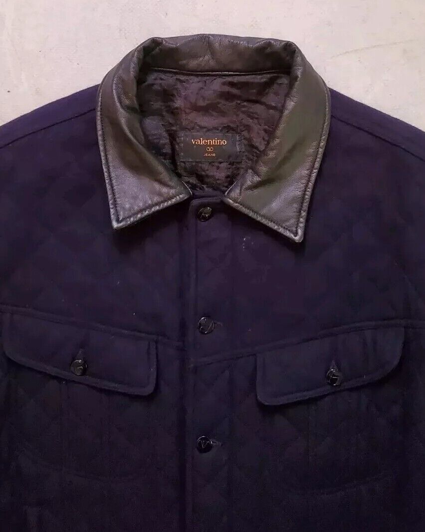 VALENTINO Bomber Jacket Mens L Quilted Wool Leather Collar Navy Blue Rrp £1250