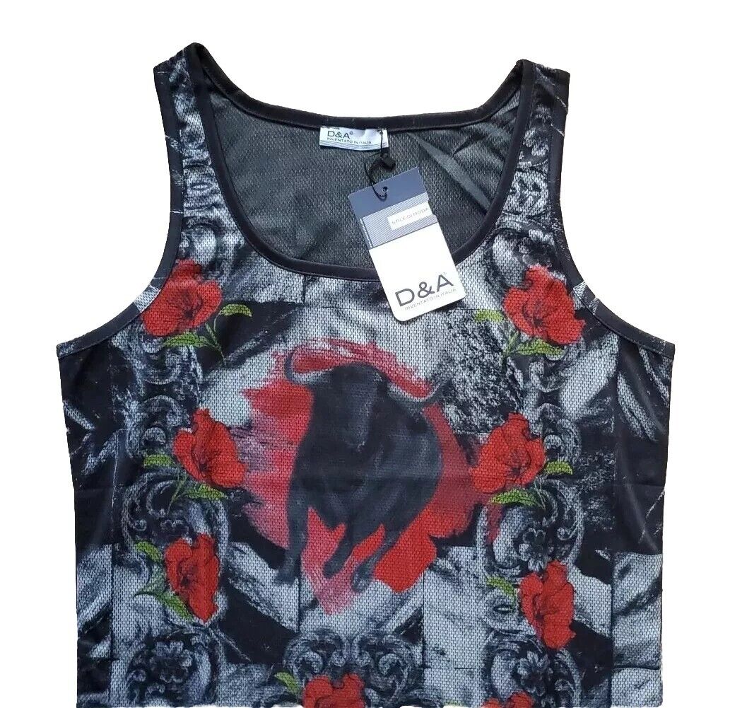 Designer Vest T Shirt Italian Bull and Roses Mens M Cotton Lycra Stretch