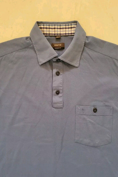 ETERNA Polo Shirt Mens M Comfort Fit Azure Blue Cotton Gingham Trim Worn Once