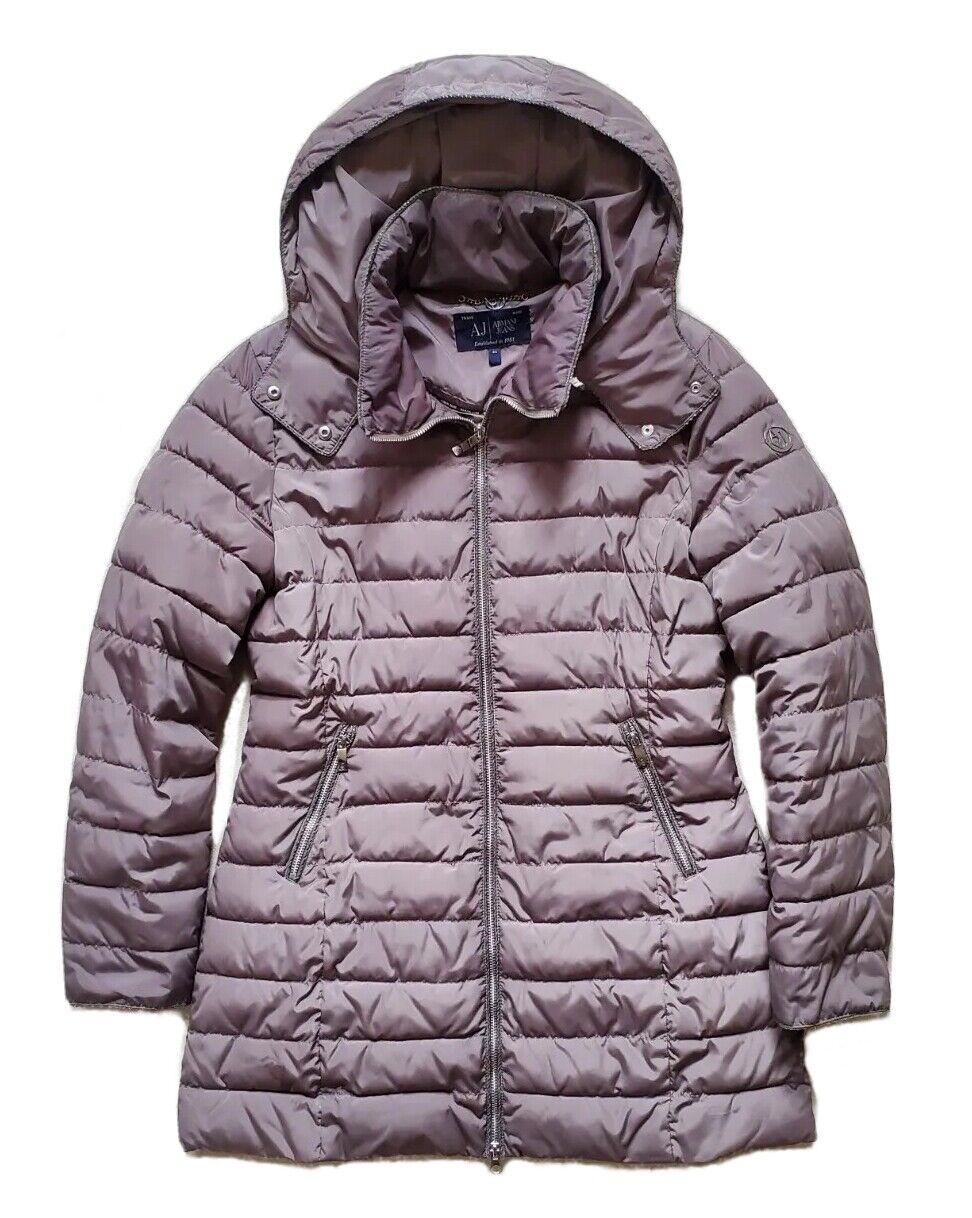 Armani Puffer Jacket Coat Womens UK 12 EU 44 Taupe Quilted Removable Hood