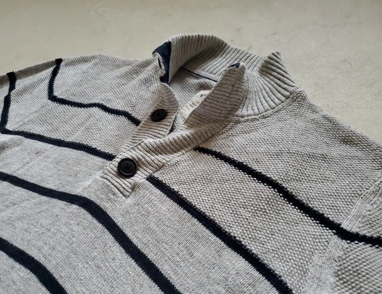 FAT FACE Jumper Sweater Mens M Grey Black Stripes Button Collar