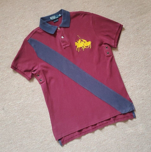 RALPH LAUREN Polo Shirt Mens M Burgundy Cotton with Blue Sash Custom Fit