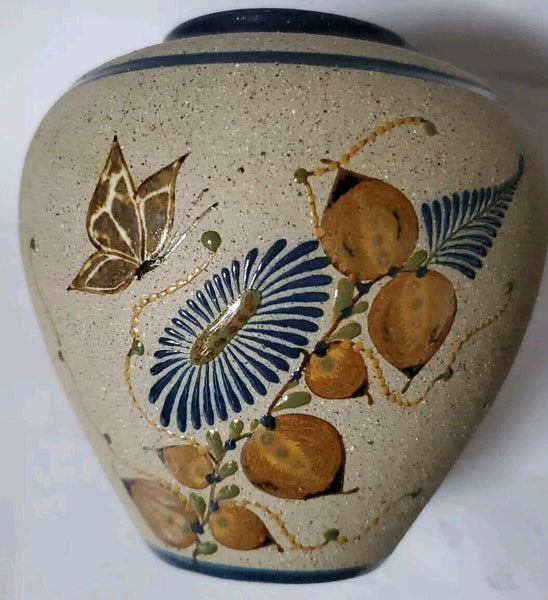 Tecpatl Vase Stoneware Mexico Signed Vintage 1980's Butterfly 5 Inch