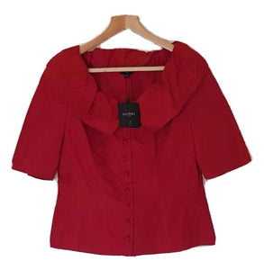 HOBBS Gigi Top Blouse Womens UK 12 Dark Crimson Ruched Collar New With Tags