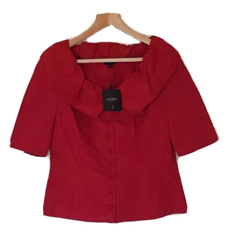 HOBBS Gigi Top Blouse Womens UK 12 Dark Crimson Ruched Collar New With Tags